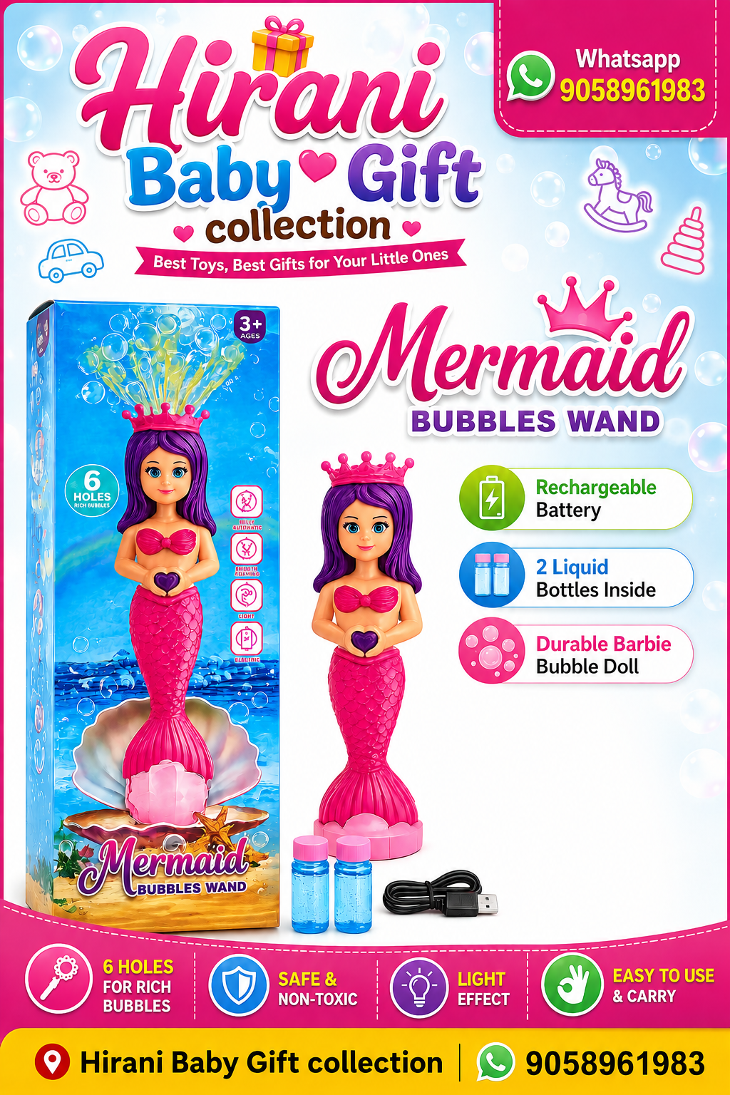 Mermaid Bubble Wand Rechargeable Bubble Toy for Kids | 6 Hole Bubble Maker - Image 4
